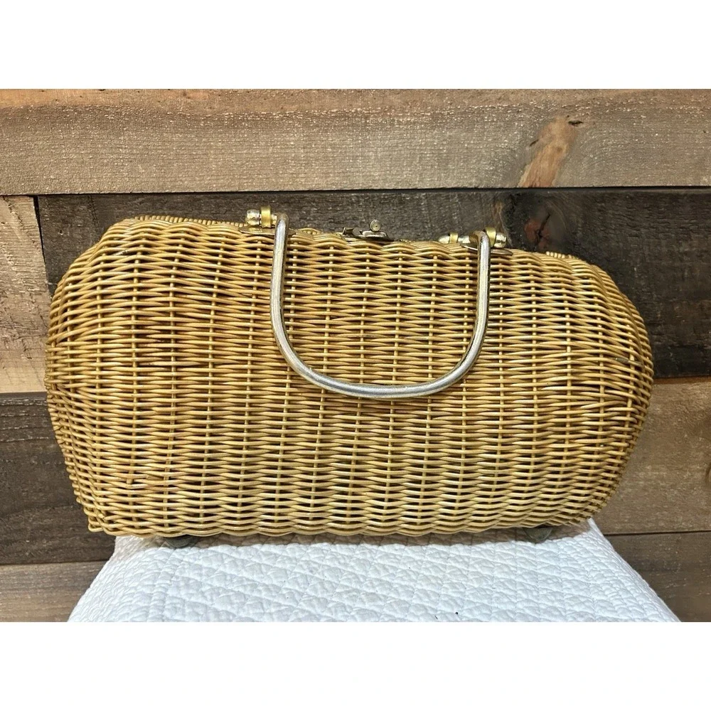 Vintage 50s 60s Coated Wicker Handbag purse Gold‎ Handles